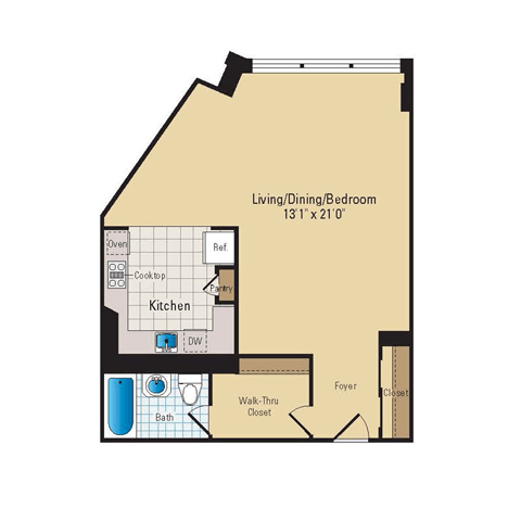 Floor plan for studio, 1 bath, 570 sqft
